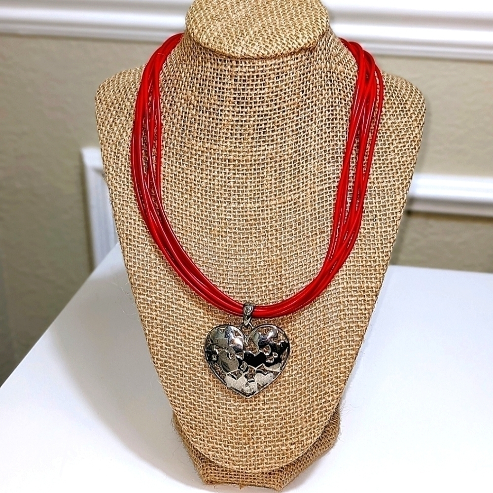 Silver Heart Pendant with Red Leather Necklace